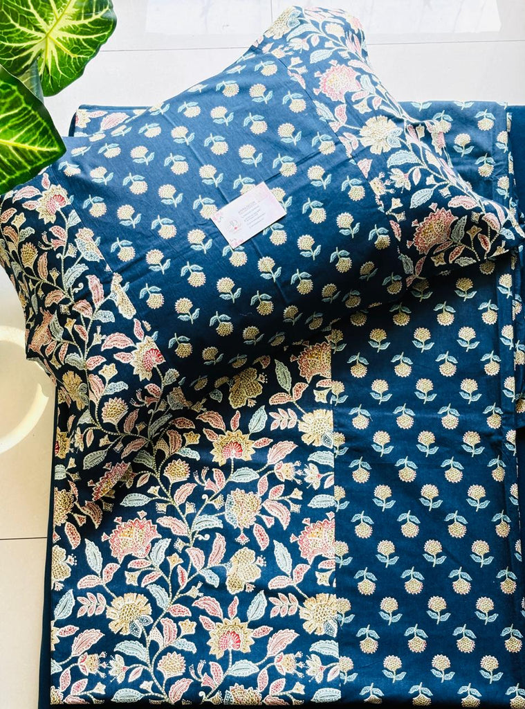 Ajrak Indigo Flora Cotton Bedsheet – King Size (108x108)