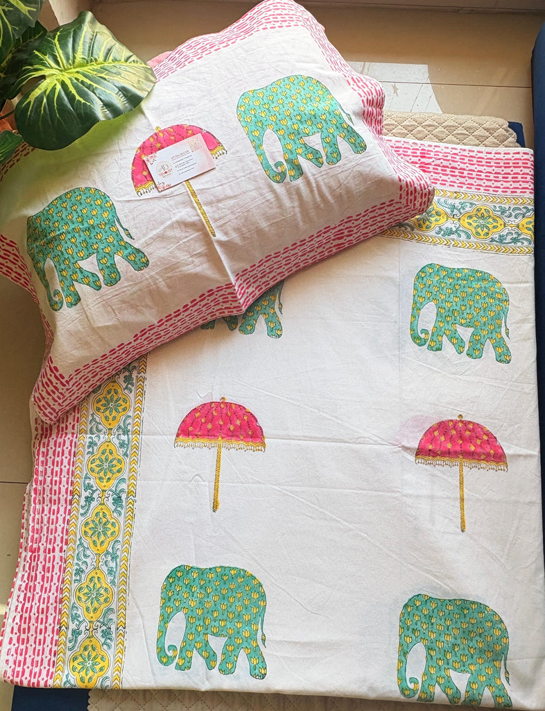 Percale Cotton Handblock Elephant (G) Bedsheet – King Size (108x108)