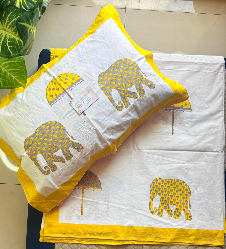 Percale Cotton Handblock Elephant (Y) Bedsheet – King Size (108x108)