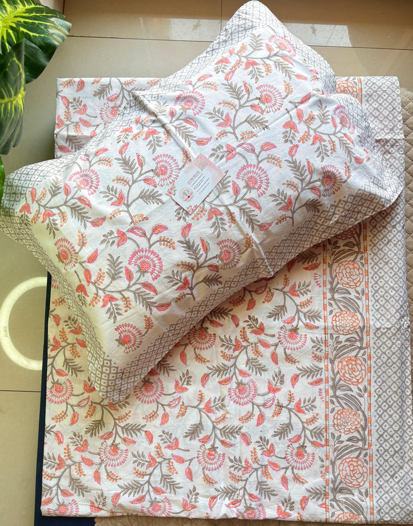Percale Cotton Handblock Ivory Peach Floral Bedsheet – King Size (108x108)