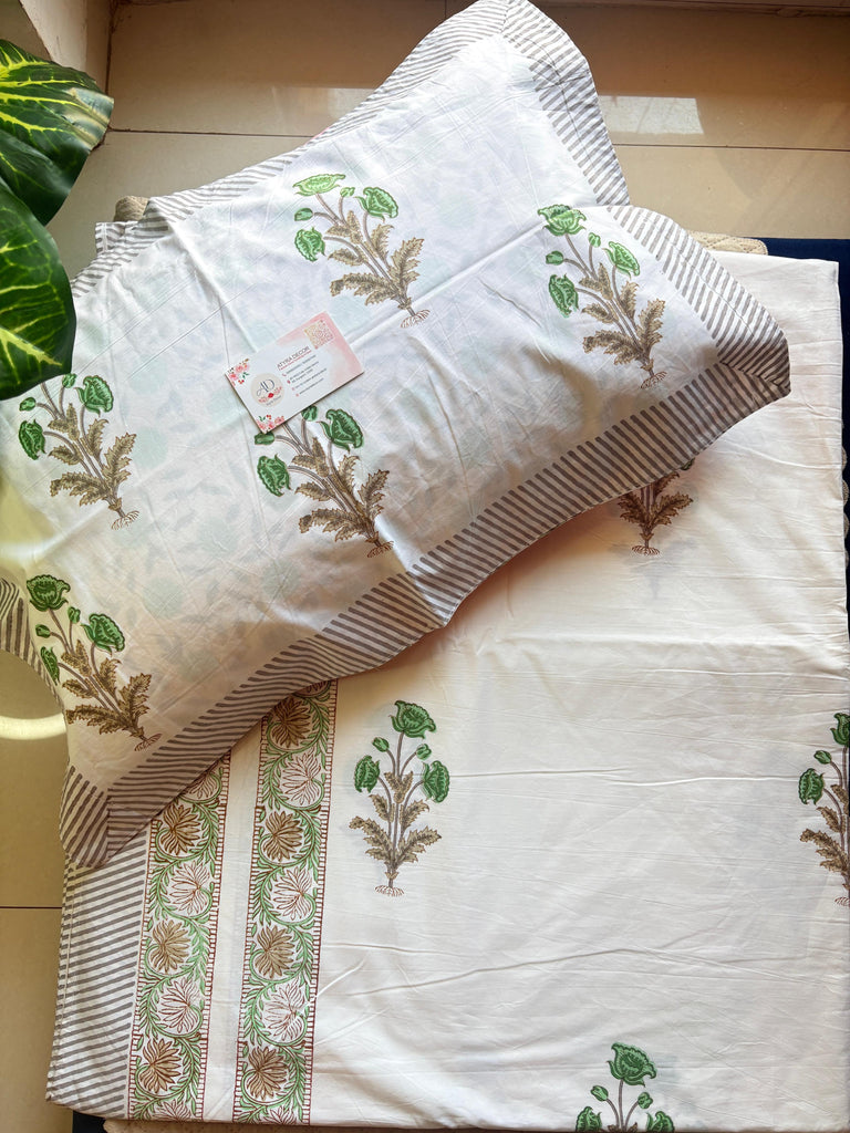 Percale Cotton Handblock Ivory Leaf Bedsheet – King Size (108x108)