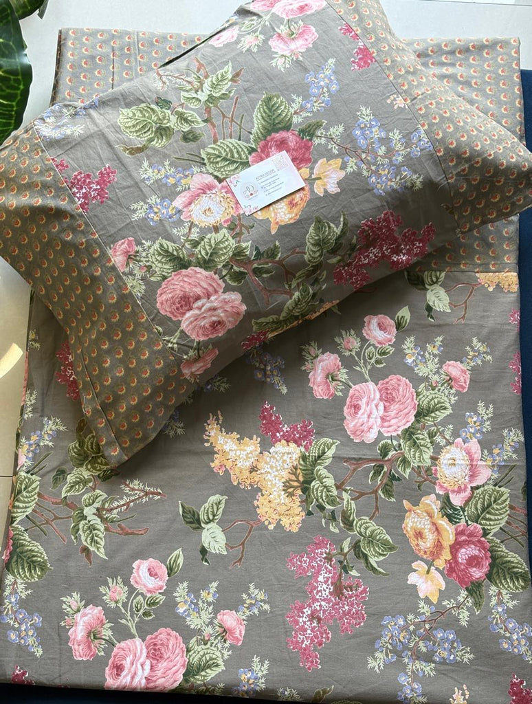 Ajrak Grey Flora Cotton Bedsheet – King Size (108x108)