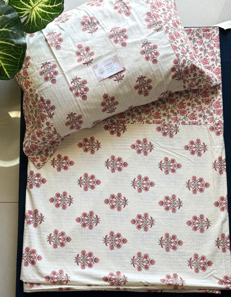 Ajrak Ivory Red Floral Bedsheet – King Size (108x108)