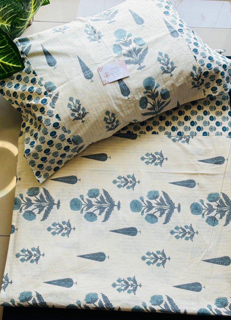 Ajrak Teal Blossom Cotton Bedsheet – King Size (108x108)