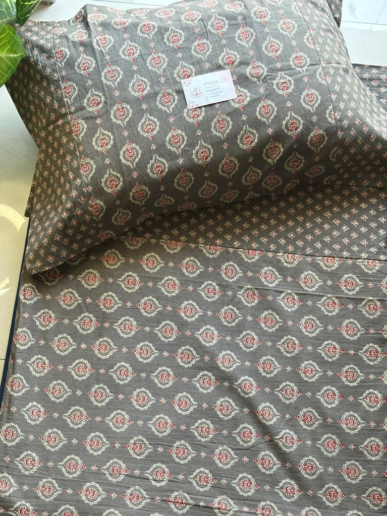 Ajrak Grey Cotton Bedsheet – King Size (108x108)
