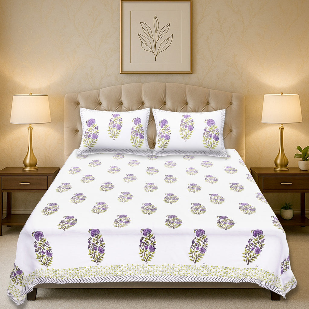 Percale Lavender Bloom Heritage Handblock Cotton Bedsheet – King Size (108x108)