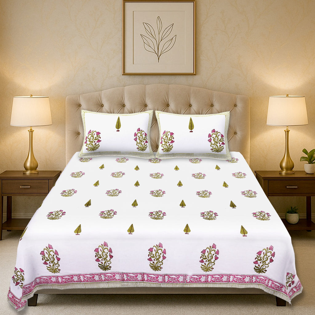 Percale Rose Bloom Heritage Handblock Cotton Bedsheet – King Size (108x108)