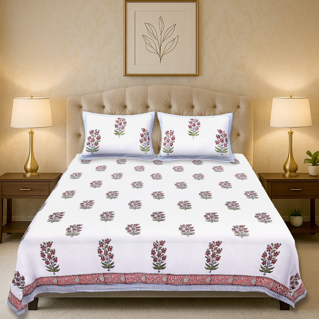 Percale Ruby Blossom Heritage Handblock Cotton Bedsheet – King Size (108x108)