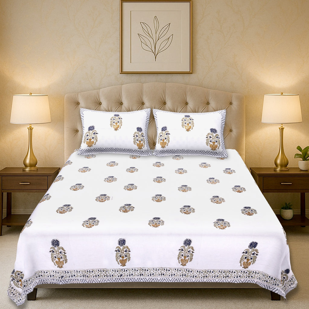 Percale Indigo Blossom Heritage Handblock Cotton Bedsheet – King Size (108x108)