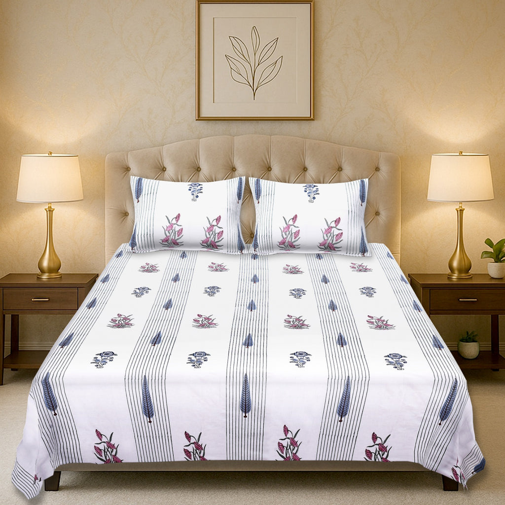 Percale Blue Pink Stripe Bloom Heritage Handblock Cotton Bedsheet – King Size (108x108)