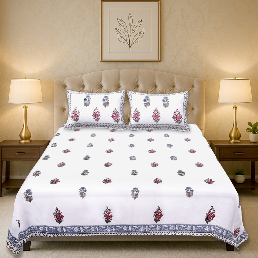 Percale Blue Pink Blossom Heritage Handblock Cotton Bedsheet – King Size (108x108)