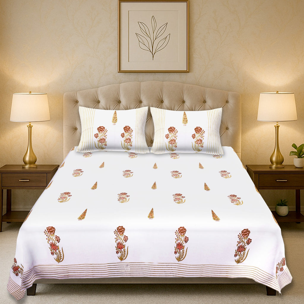 Percale Saffron Petal Stripe Heritage Handblock Cotton Bedsheet – King Size (108x108)