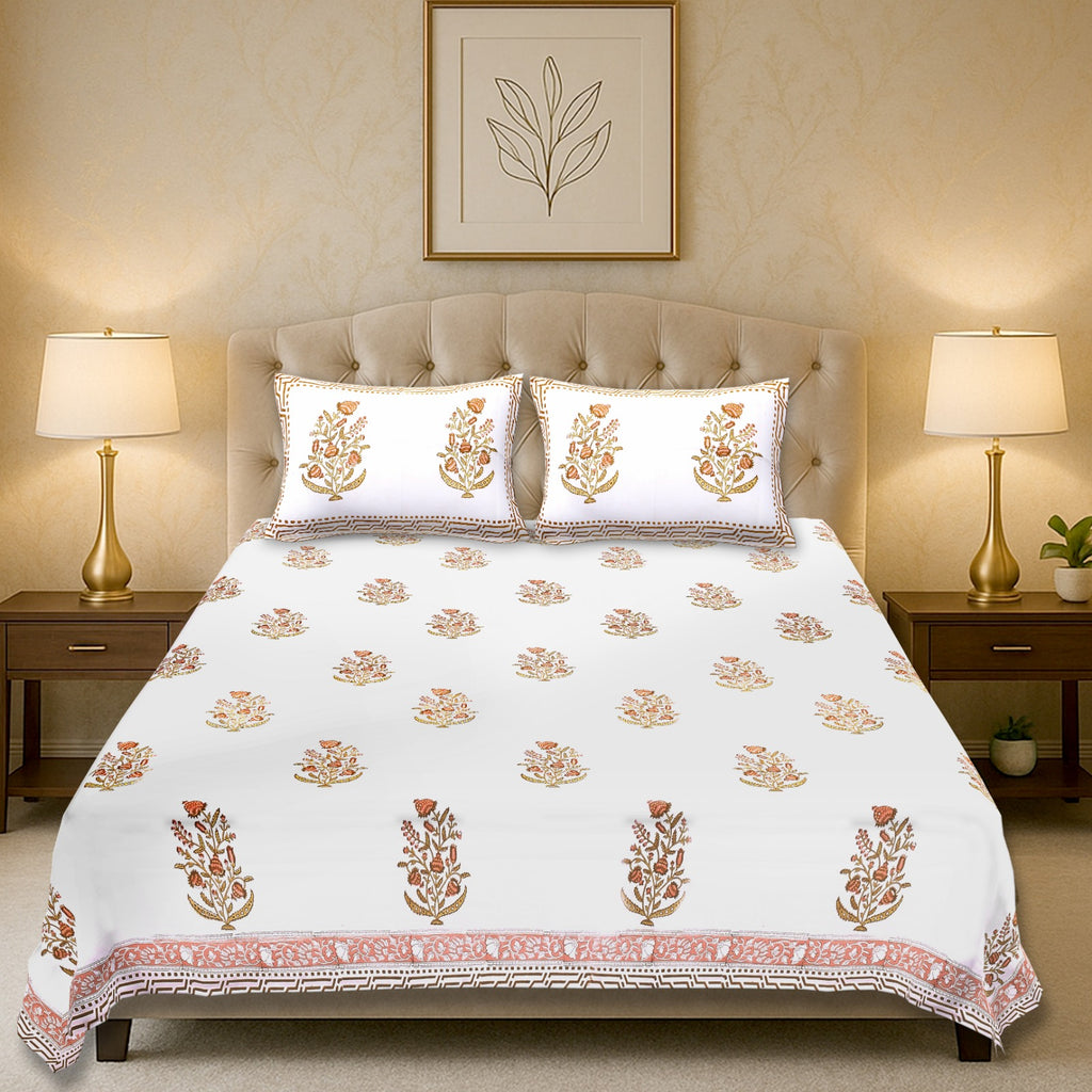 Percale Saffron Bloom Heritage Handblock Cotton Bedsheet – King Size (108x108)