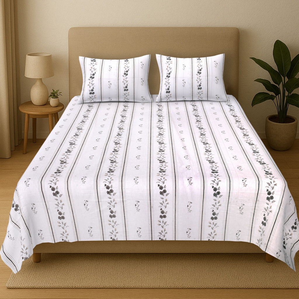 Percale Ivory Grey Meadow Cotton Bedsheet – King Size (108x108)
