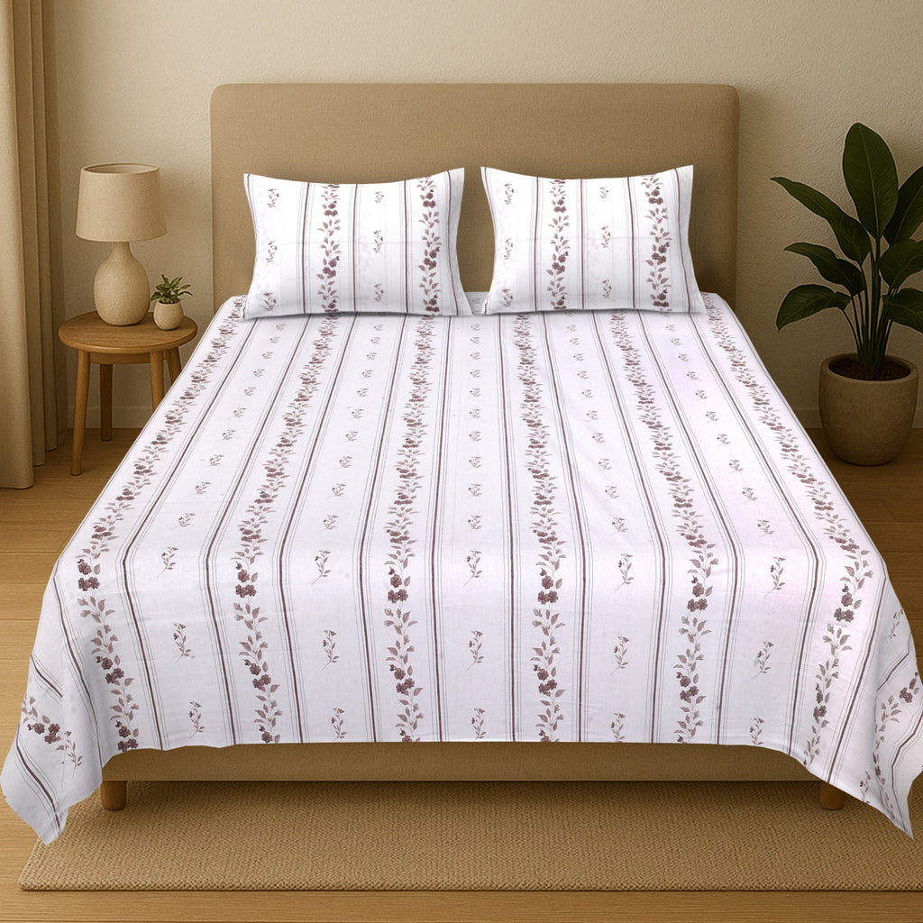 Percale Ivory Mocha Meadow Cotton Bedsheet – King Size (108x108)
