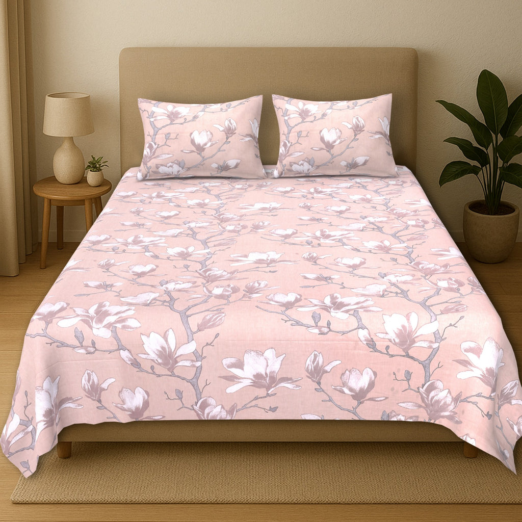 Percale “Blush Garden” Cotton King Size Bedsheet (108 x 108 inches)