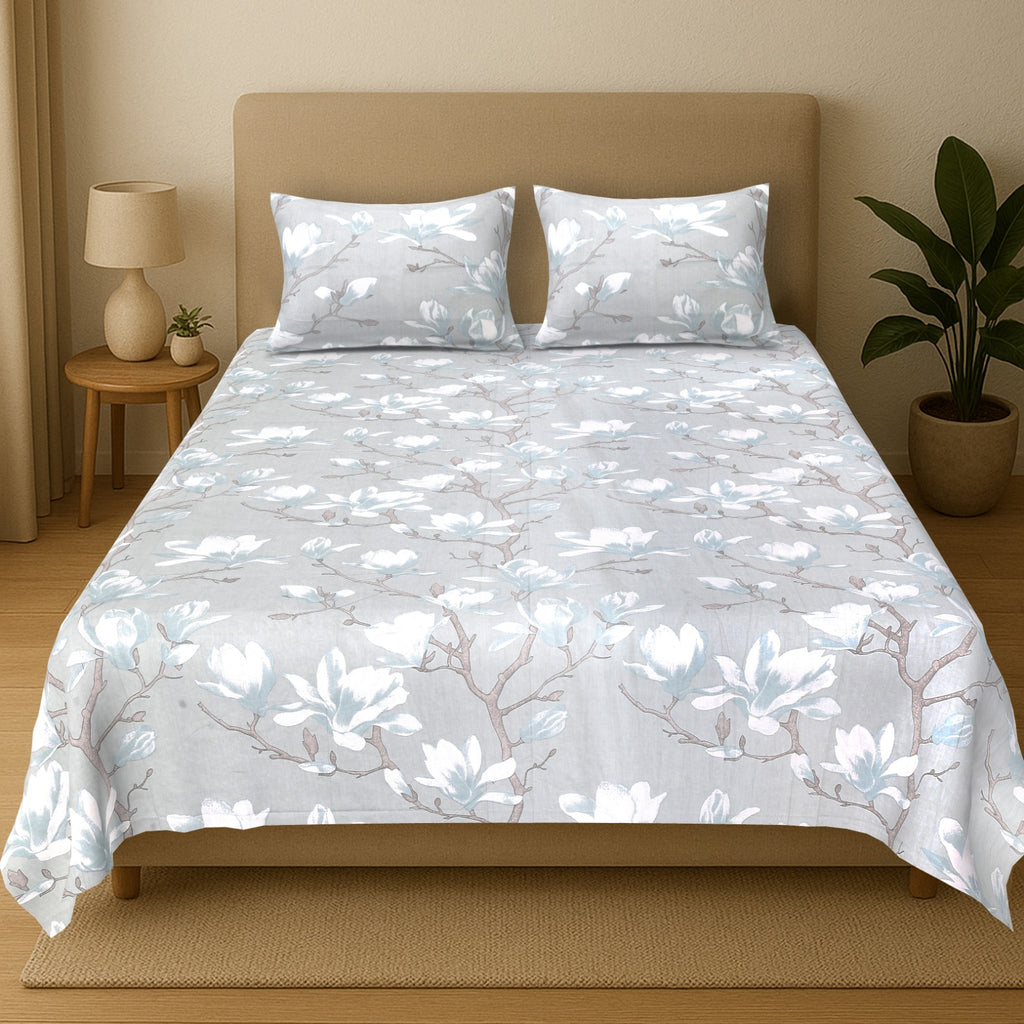 Percale Soft Grey Bloom Cotton Bedsheet – King Size (108x108)
