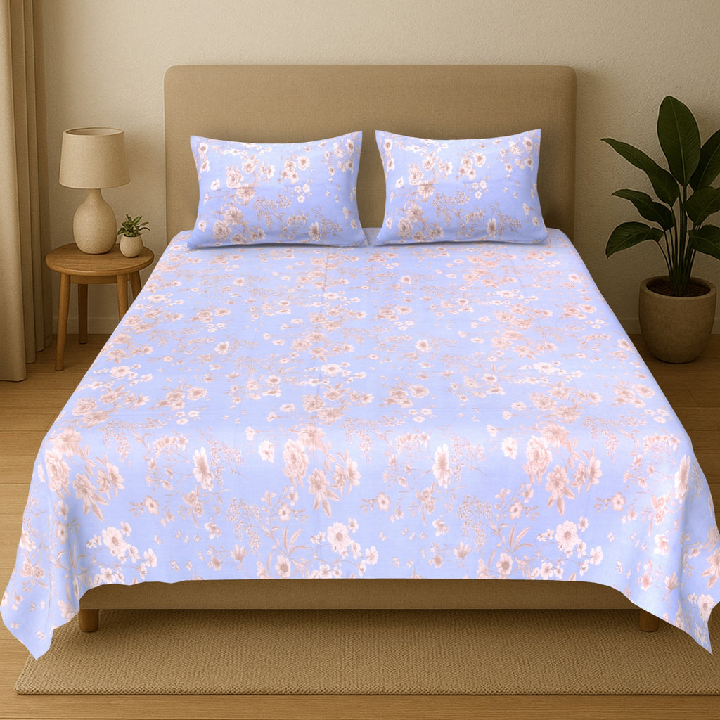 Percale Blue Rose Bloom Cotton Bedsheet – King Size (108x108)