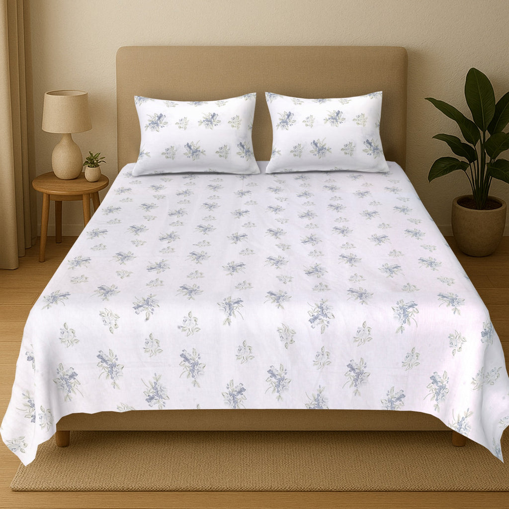 Percale Blue Blossom Bloom Cotton Bedsheet – King Size (108x108)