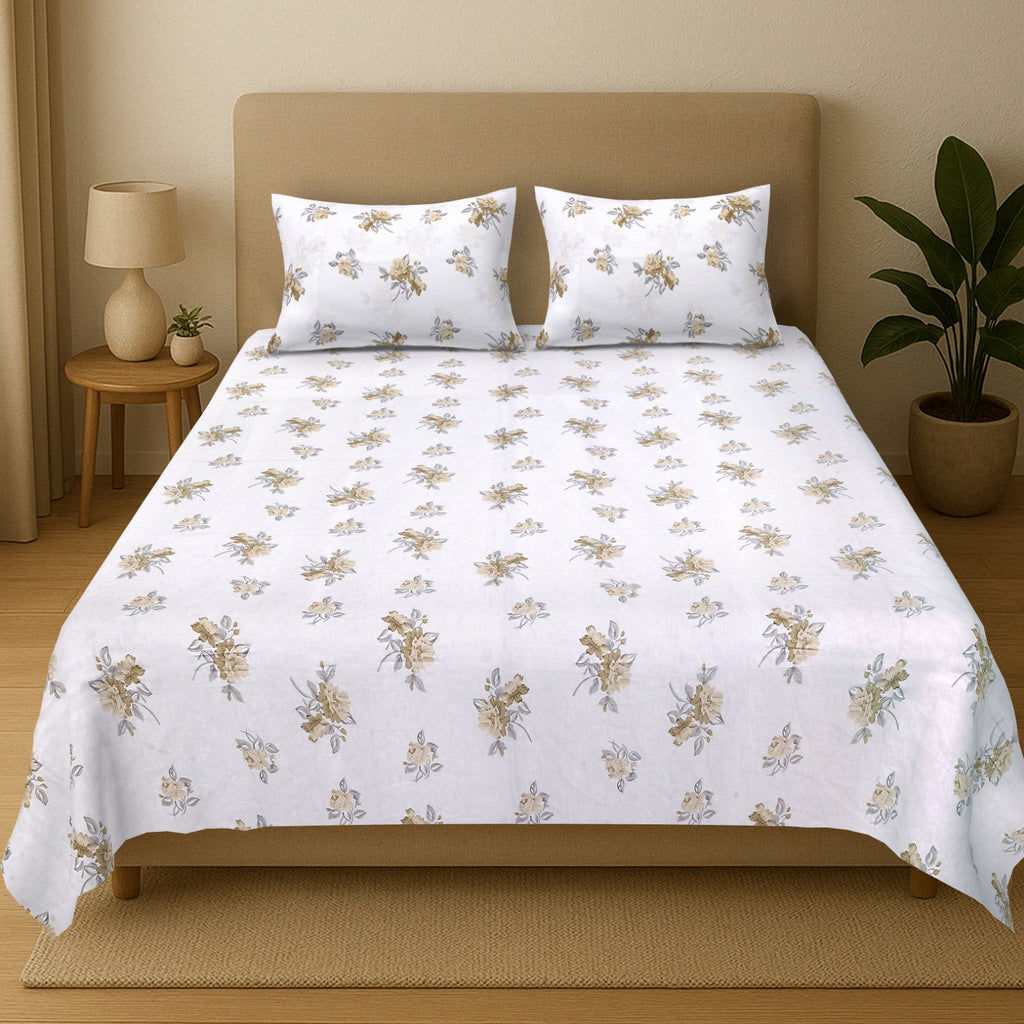 Percale Beige Blossom Bloom Cotton Bedsheet – King Size (108x108)