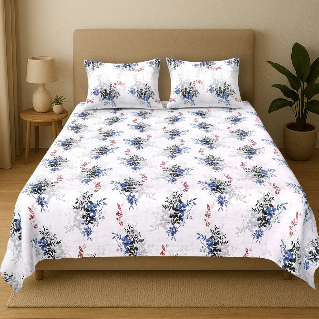 Percale Blue Bloom Garden Cotton Bedsheet – King Size (108x108)