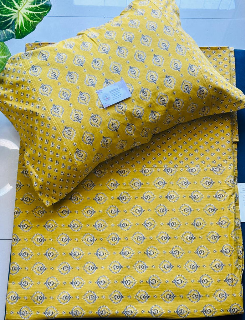 Ajrak Mustard Cotton Bedsheet – King Size (108x108)